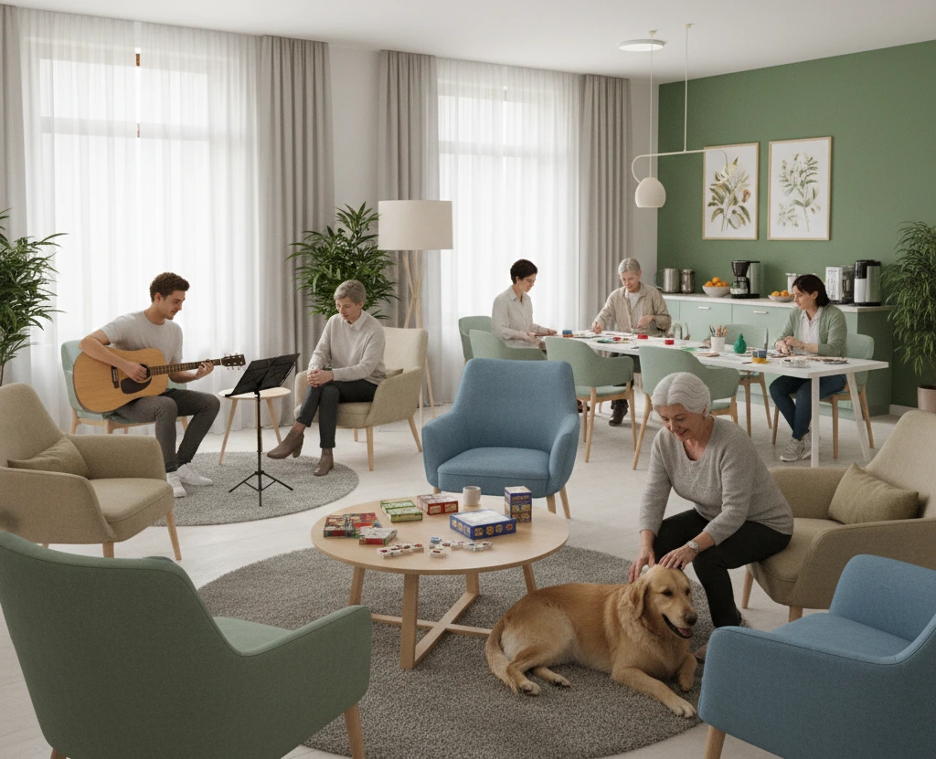 stanza con diversi pazienti impegnati in attività come pet therapy, musicoterapia